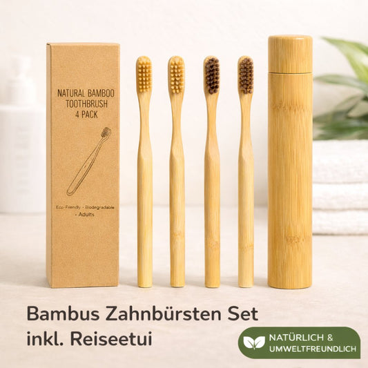 Bambus Zahnbürsten Set 4er mit Reiseetui aus Bambus