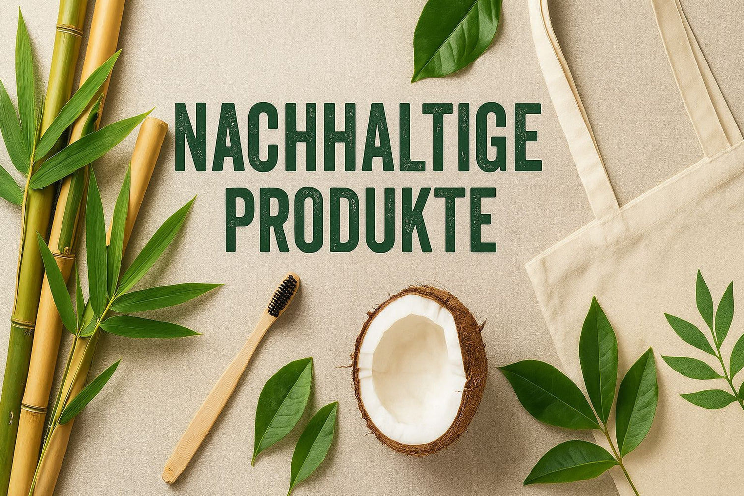 Banner mit dem dunkelgrünen Schriftzug Nachhaltige Produkte auf hellem Leinenhintergrund. Arrangiertes Flatlay mit echten Bambusstäben, einer Bambus-Zahnbürste, einer halben Kokosnuss und einer Baumwolltasche als Symbol für plastikfreie Alternativen.
