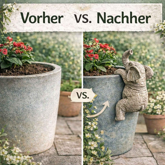 Blumentopf vorher und nachher mit Elefant Deko – dekorativer Pflanzen Topf Vergleich