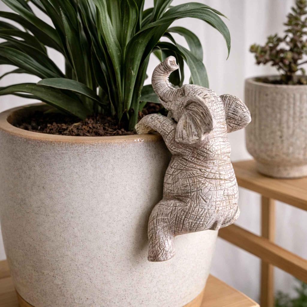 Elefant Figur hängt am Blumentopf – kreative Gartendeko für Pflanzen und Blumen