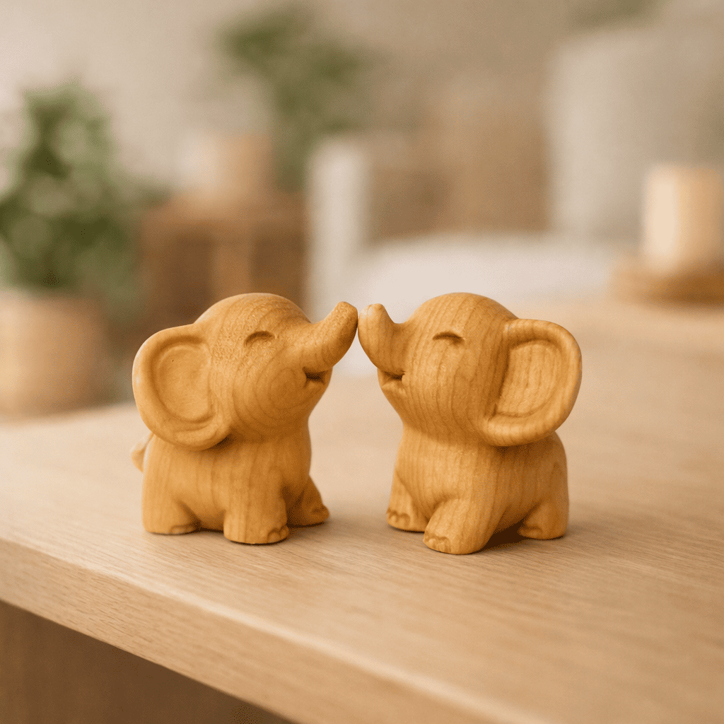 Zwei kleine, handgeschnitzte Elefantenfiguren aus hellem Holz, die sich mit den Rüsseln berühren und lächeln.