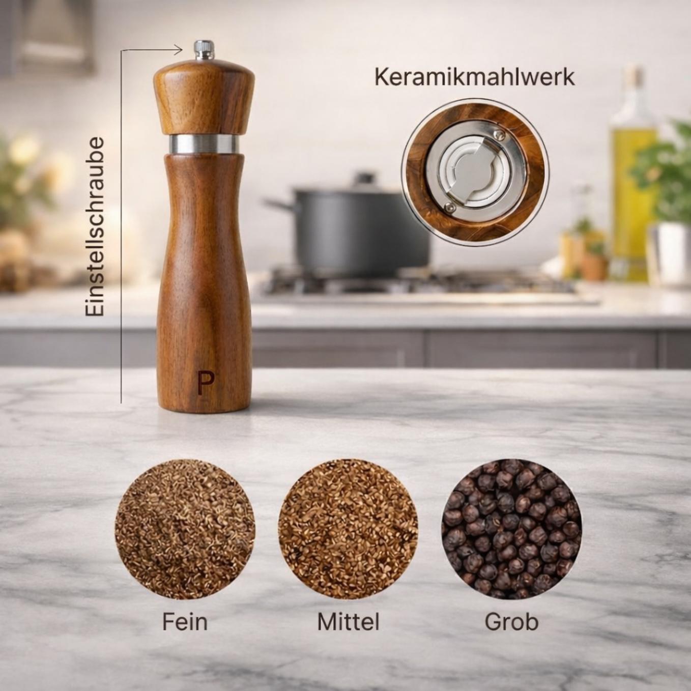 Nahaufnahme der Edelstahlschraube zur stufenlosen Einstellung des Mahlgrads bei einer Holzmühle.