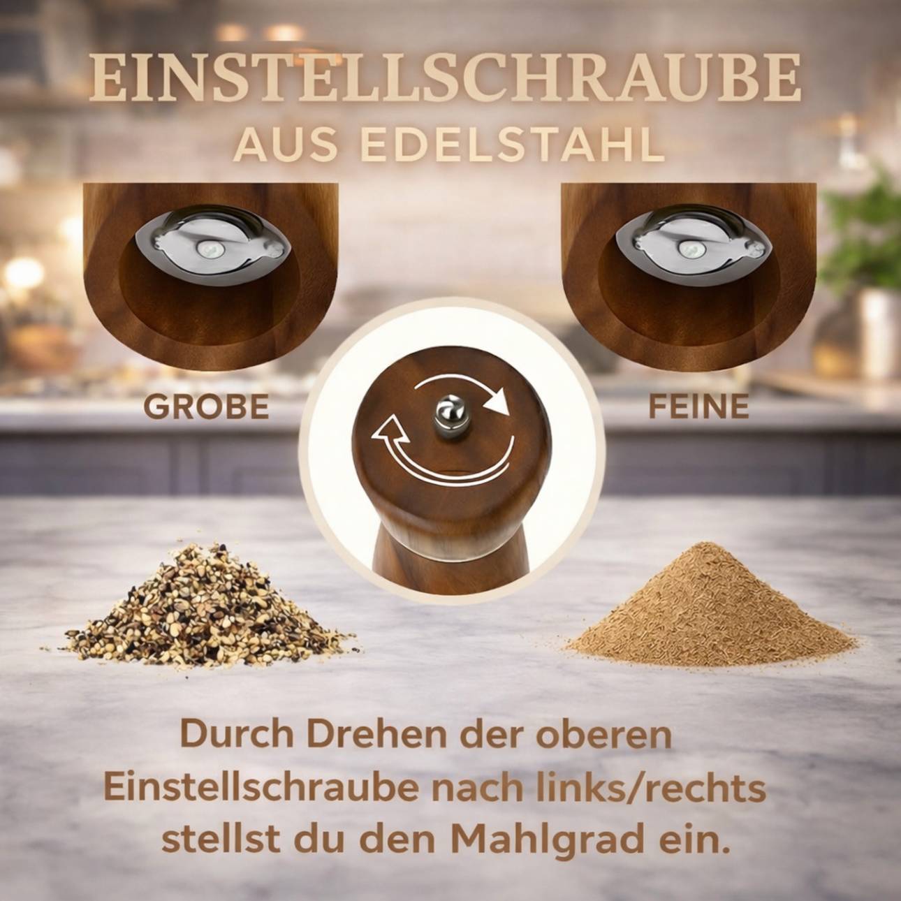 Infografik zur Einstellung des Mahlgrads von fein bis grob sowie Detailansicht des robusten Keramikmahlwerks.