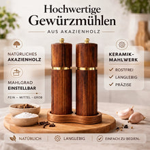 Pfeffermühle aus Akazienholz mit Edelstahlkern und Keramikmahlwerk Übersicht