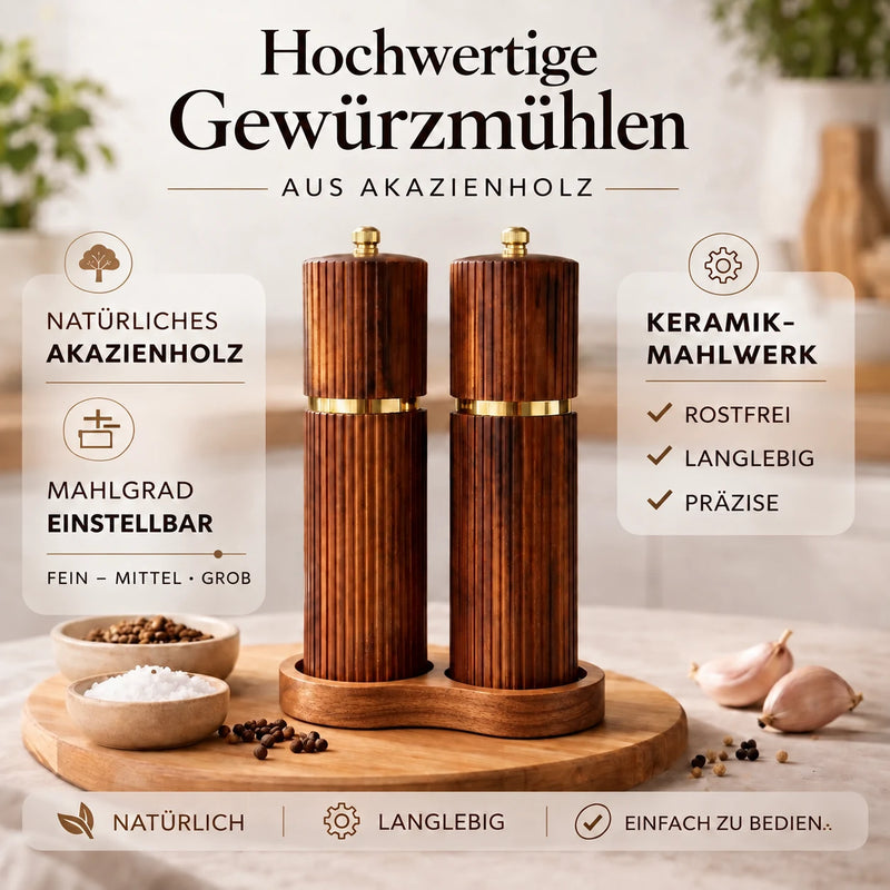 Pfeffermühle aus Akazienholz mit Edelstahlkern und Keramikmahlwerk Übersicht