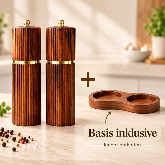 Edles Salz- & Pfeffermühlen Set aus Akazienholz | inkl. Basis
