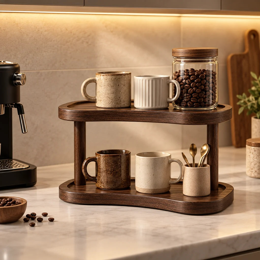 2-Ebenen Holz-Organizer in der Küche mit Tassen, Kaffeebohnen und Zubehör.