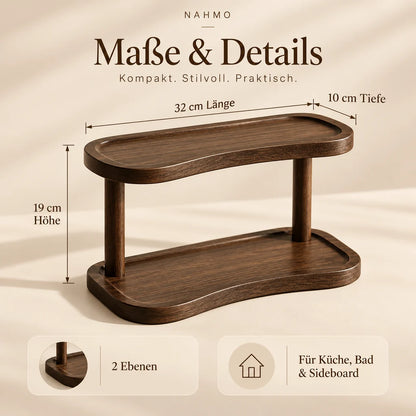 Maßgrafik des 2-Ebenen Holz-Organizers mit 32 cm Länge, 10 cm Tiefe und 19 cm Höhe.