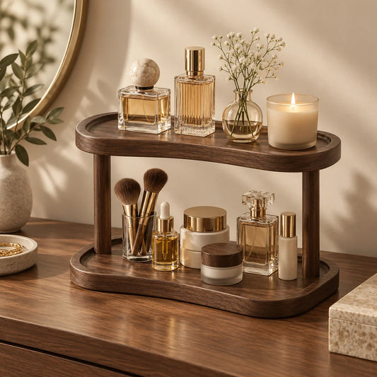 2-Ebenen Holz-Organizer mit Parfüm, Kosmetik und Pflegeprodukten auf einem Schminktisch.