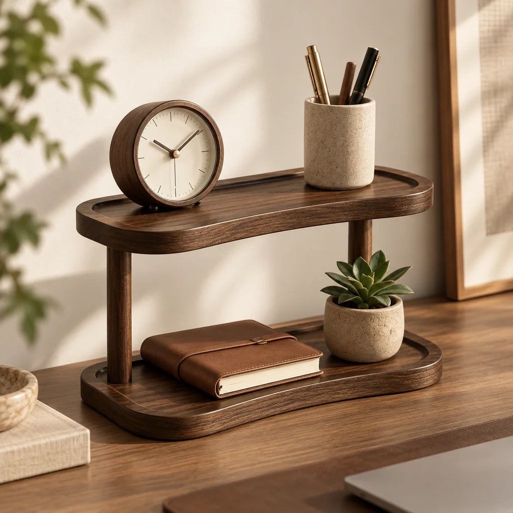 2-Ebenen Holz-Organizer auf dem Schreibtisch mit Uhr, Stiftebecher, Notizbuch und Pflanze.