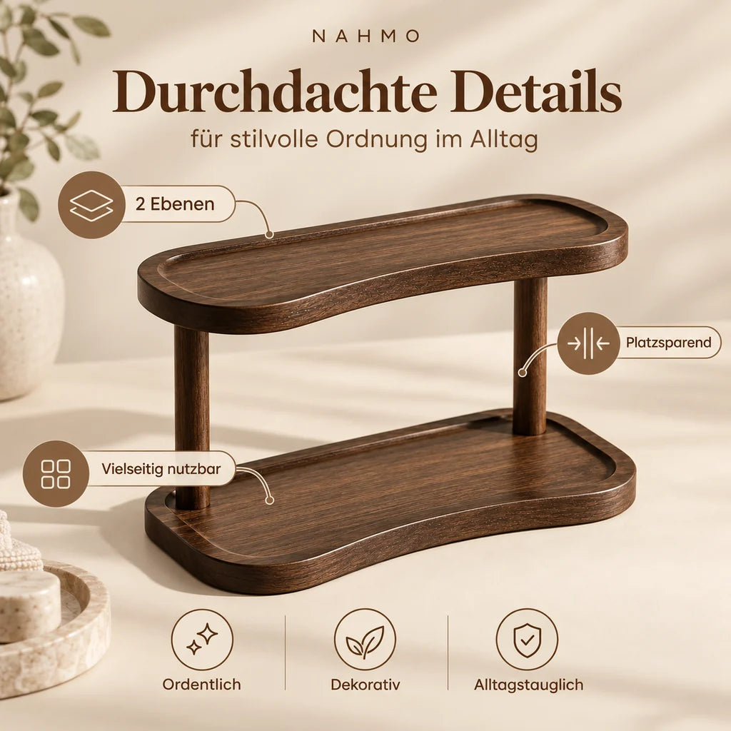 Infografik zum Holz-Organizer mit zwei Ebenen, kompakter Form und vielseitiger Nutzung.