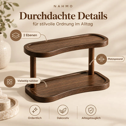 Infografik zum Holz-Organizer mit zwei Ebenen, kompakter Form und vielseitiger Nutzung.