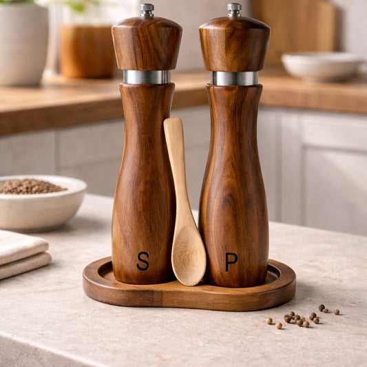 Massivholz Basis für Gewürzmühlen mit Bambuslöffel als Küchenzubehör