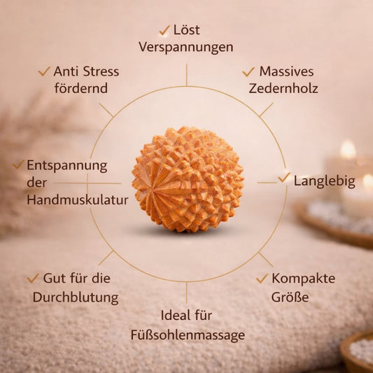 Akupressur Igelball aus Zedernholz mit Übersicht zu Vorteilen wie Stressabbau, Durchblutung und Entspannung der Handmuskulatur