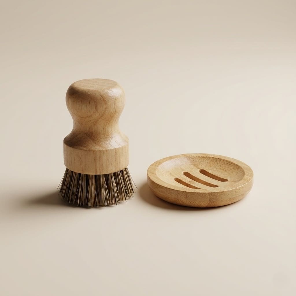 Kokos Mischhaarbürste mit dunklen Borsten neben runder Abtropfschale aus Bambus auf hellem Hintergrund