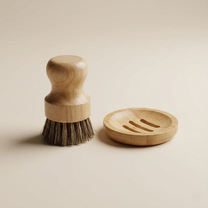 Kokos Mischhaarbürste mit dunklen Borsten neben runder Abtropfschale aus Bambus auf hellem Hintergrund