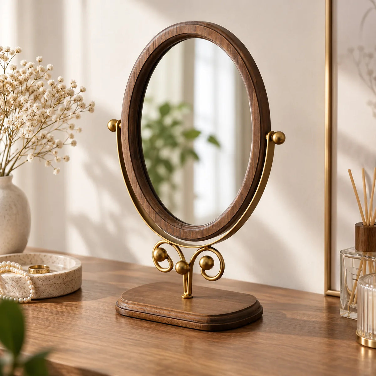 Kosmetikspiegel aus Holz mit goldfarbener Halterung auf einem Schminktisch