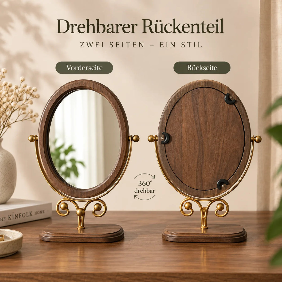 Kosmetikspiegel aus Holz mit Ansicht von Vorderseite und Holzrückseite
