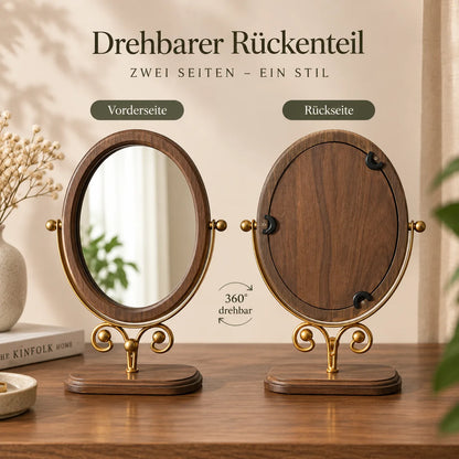 Kosmetikspiegel aus Holz mit Ansicht von Vorderseite und Holzrückseite
