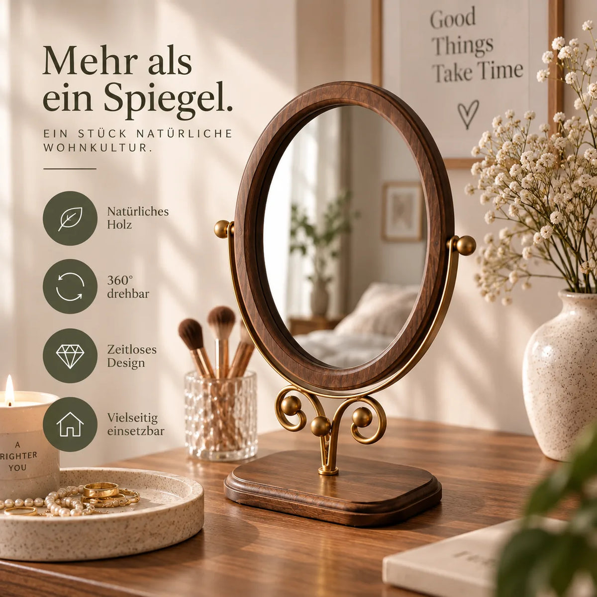 Infografik zum Kosmetikspiegel aus Holz mit Produktmerkmalen und Einsatzmöglichkeiten