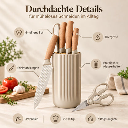Infografik zum 6-teiligen Küchenmesser-Set mit Holzgriffen, Edelstahlklingen und Messerhalter.