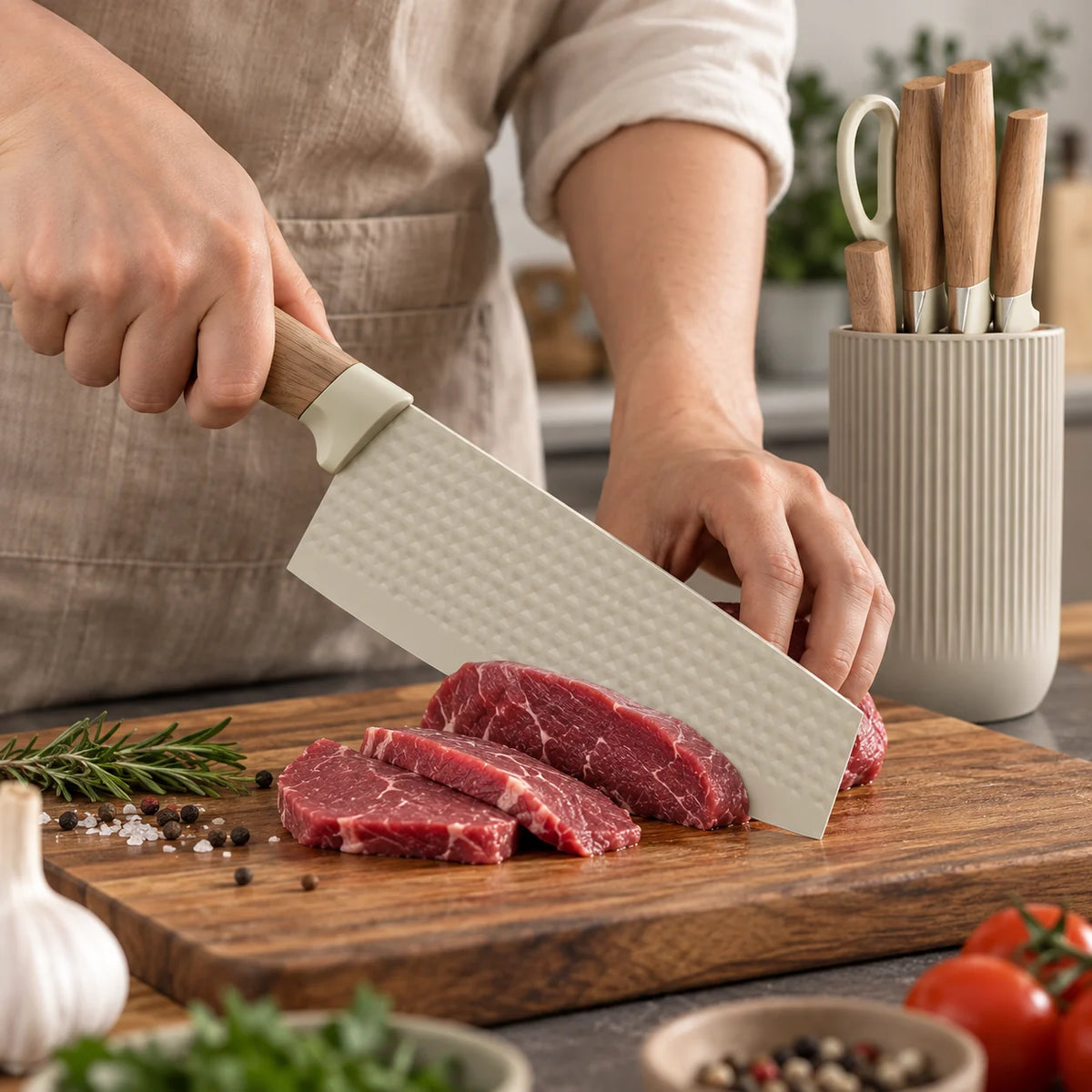 Breites Küchenmesser aus dem Set beim Schneiden von Fleisch auf einem Holzbrett.