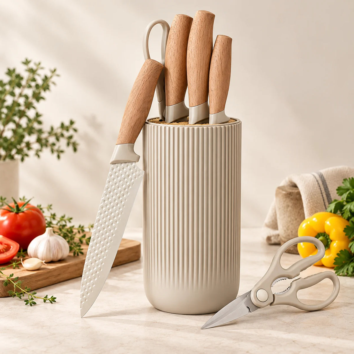 6-teiliges Küchenmesser-Set in Beige mit Messerhalter, Holzgriffen und Küchenschere.
