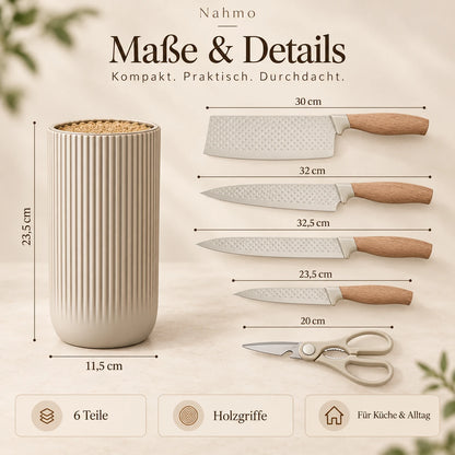 Maßgrafik des 6-teiligen Küchenmesser-Sets mit Größenangaben der Messer, Schere und des Messerhalters.
