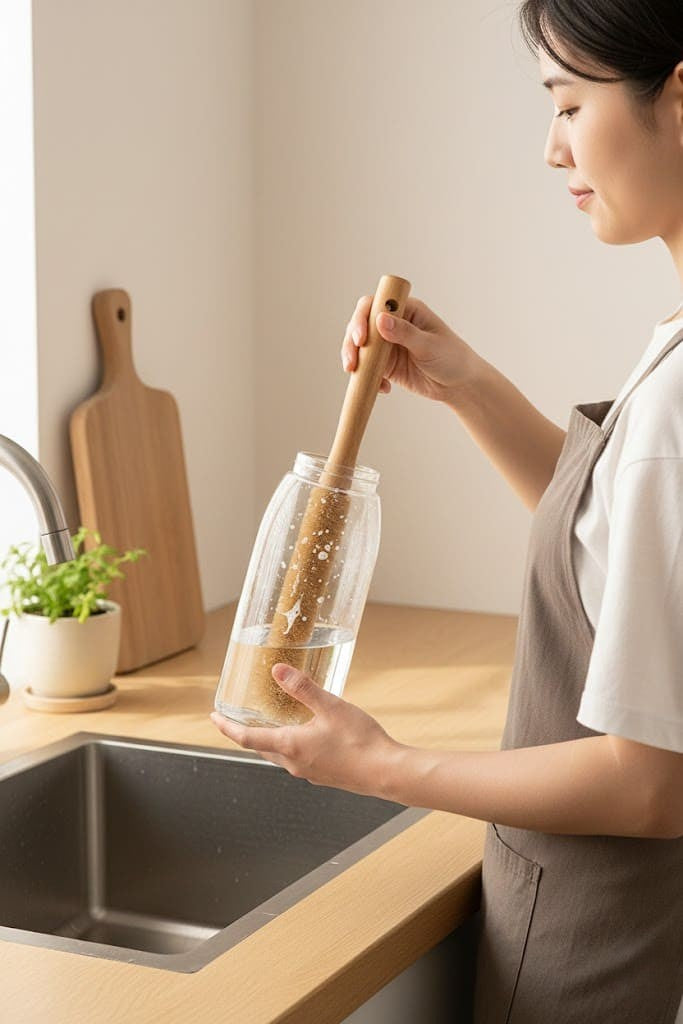 Detailansicht des ergonomischen Holzgriffs und der Borsten der Küchenbürste