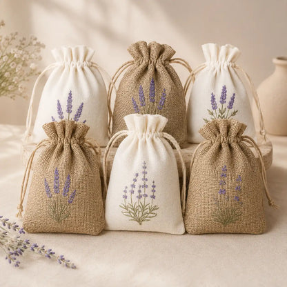 Lavendel Duftbeutel Set aus weißen und braunen Leinenbeuteln mit Lavendelmotiv
