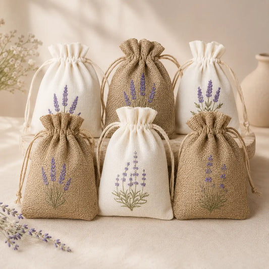 Lavendel Duftbeutel Set aus weißen und braunen Leinenbeuteln mit Lavendelmotiv