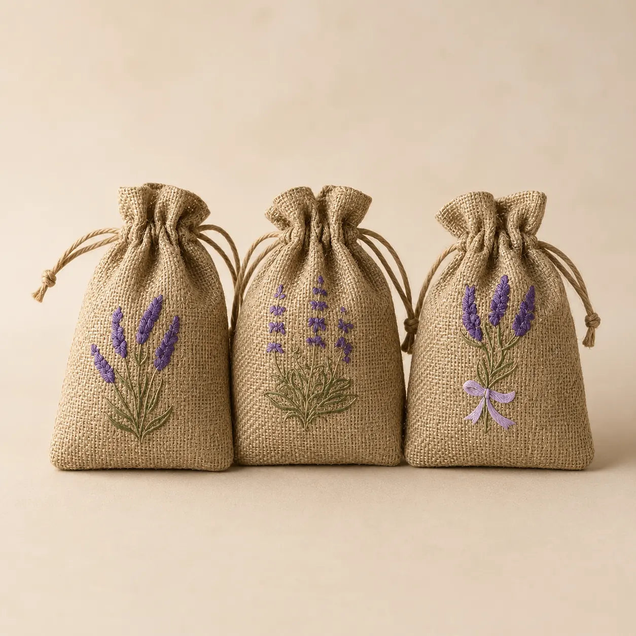 Braune Lavendel Duftbeutel im 3er Set aus Jute mit Lavendelstickerei