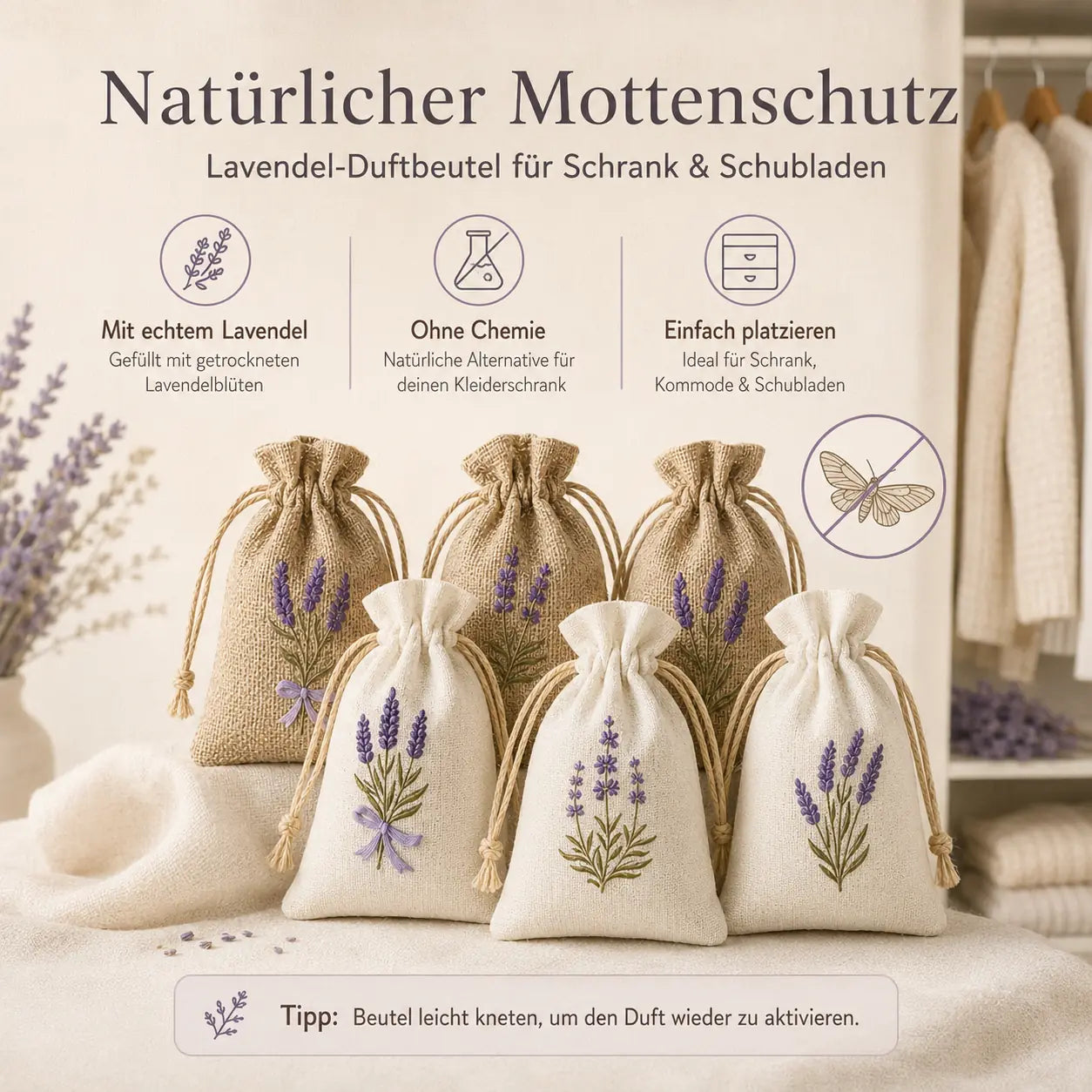 Infografik natürlicher Mottenschutz mit Lavendel Duftbeuteln für Schrank und Schubladen