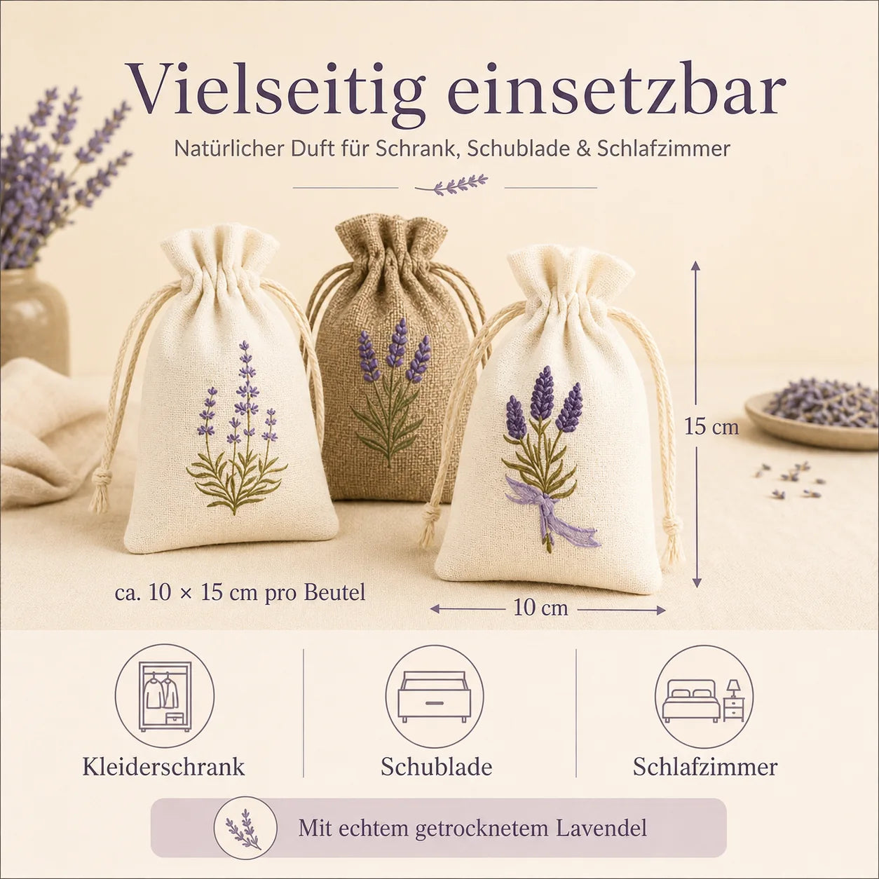 Infografik Lavendel Duftbeutel vielseitig einsetzbar mit Maßen 10 x 15 cm