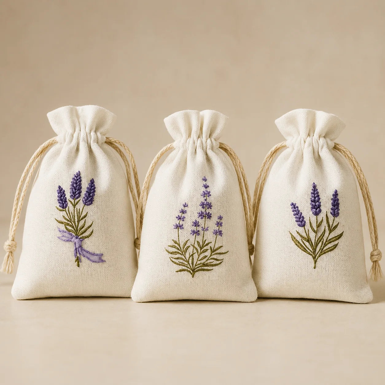 Weiße Lavendel Duftbeutel im 3er Set mit Lavendelstickerei