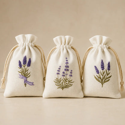 Weiße Lavendel Duftbeutel im 3er Set mit Lavendelstickerei
