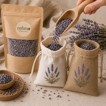 Lavendel Duftbeutel werden mit getrockneten Lavendelblüten aus dem Refill aufgefüllt