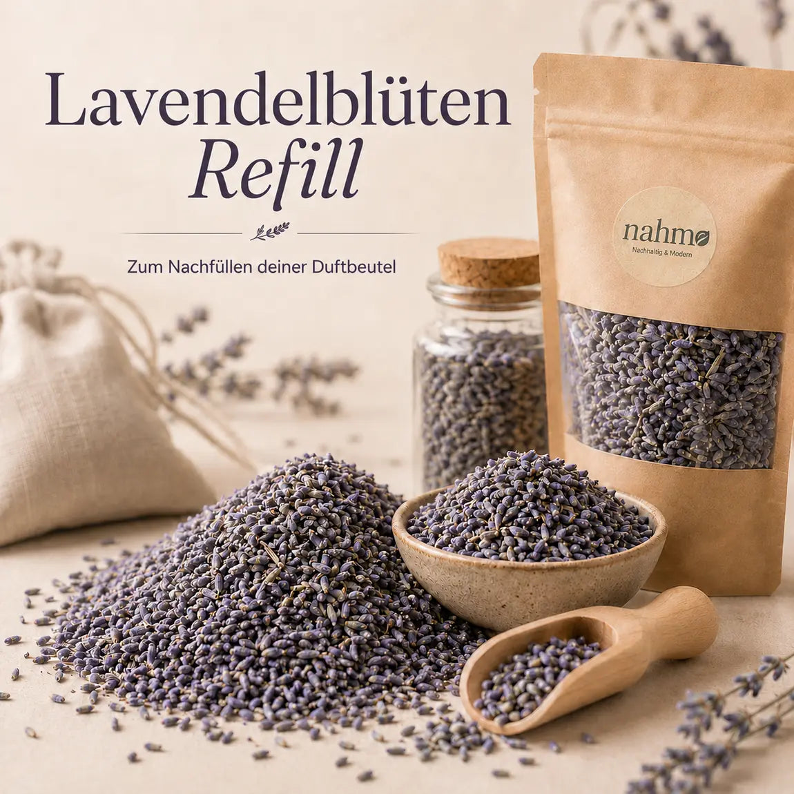 Lavendelblüten Refill mit Kraftpapiertüte, Schale und losen getrockneten Lavendelblüten
