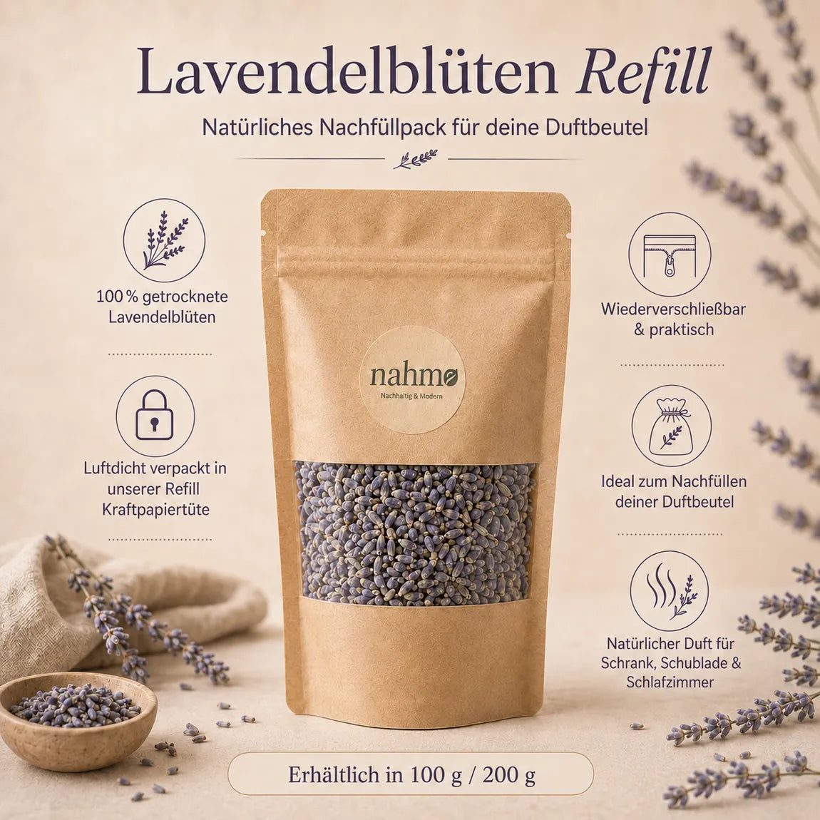 Infografik Lavendelblüten Refill mit Vorteilen und verfügbaren Größen 100 g und 200 g