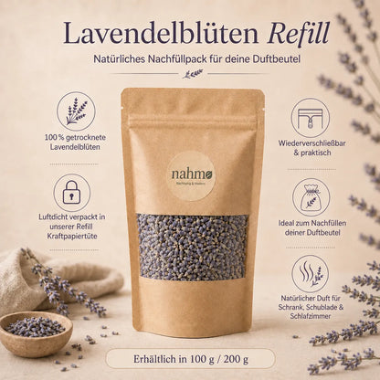 Infografik Lavendelblüten Refill mit Vorteilen und verfügbaren Größen 100 g und 200 g