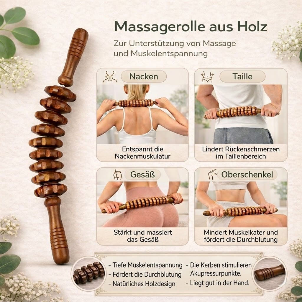Massagerolle aus Holz in der Anwendung an Nacken, Taille, Gesäß und Oberschenkeln zur Muskellockerung