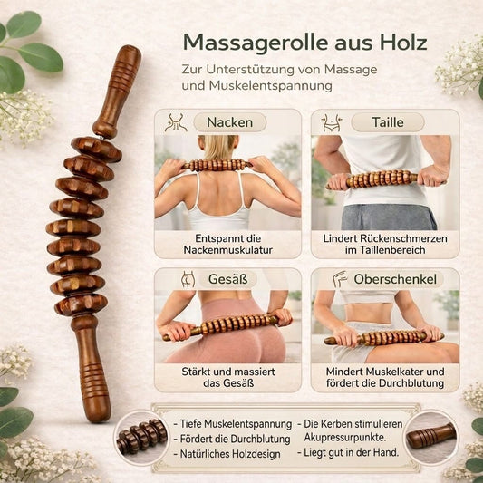 Massagerolle aus Holz in der Anwendung an Nacken, Taille, Gesäß und Oberschenkeln zur Muskellockerung