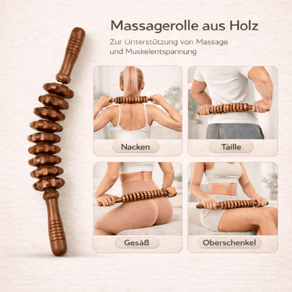 Massagerolle aus Holz in der Anwendung an Nacken, Taille, Gesäß und Oberschenkeln zur Muskellockerung