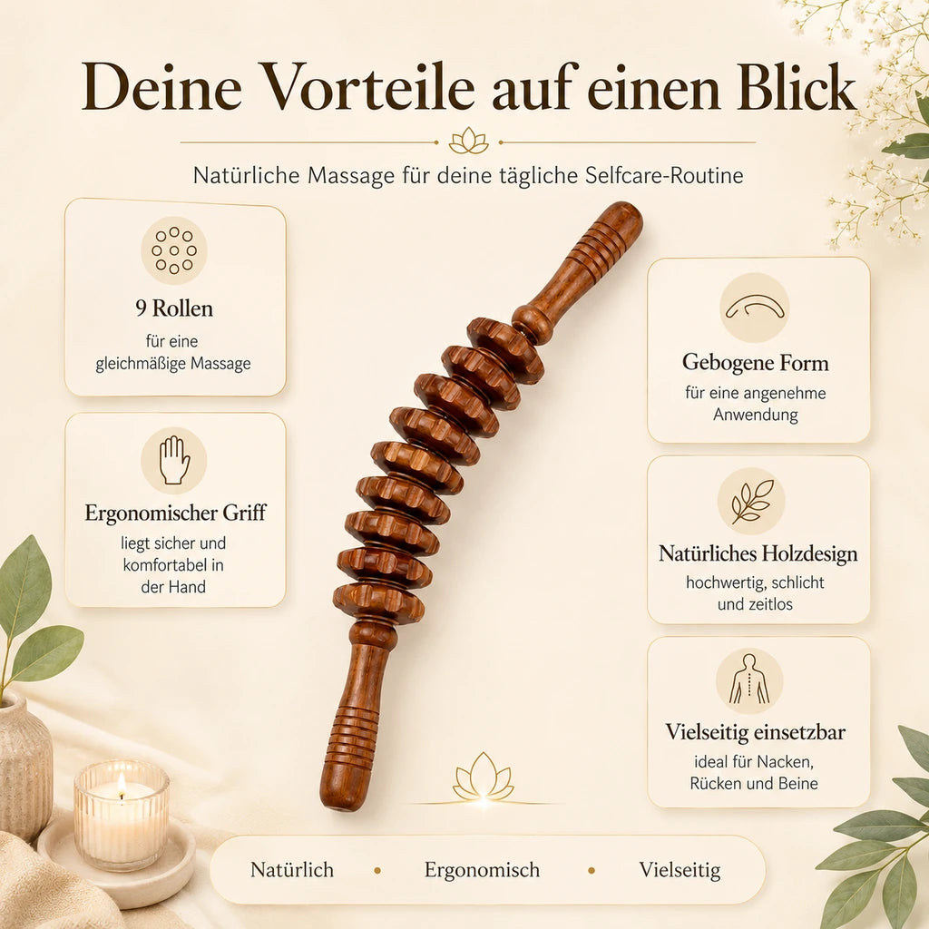 Vorteile der Holz Massagerolle mit 9 Rollen gebogener Form und ergonomischem Griff
