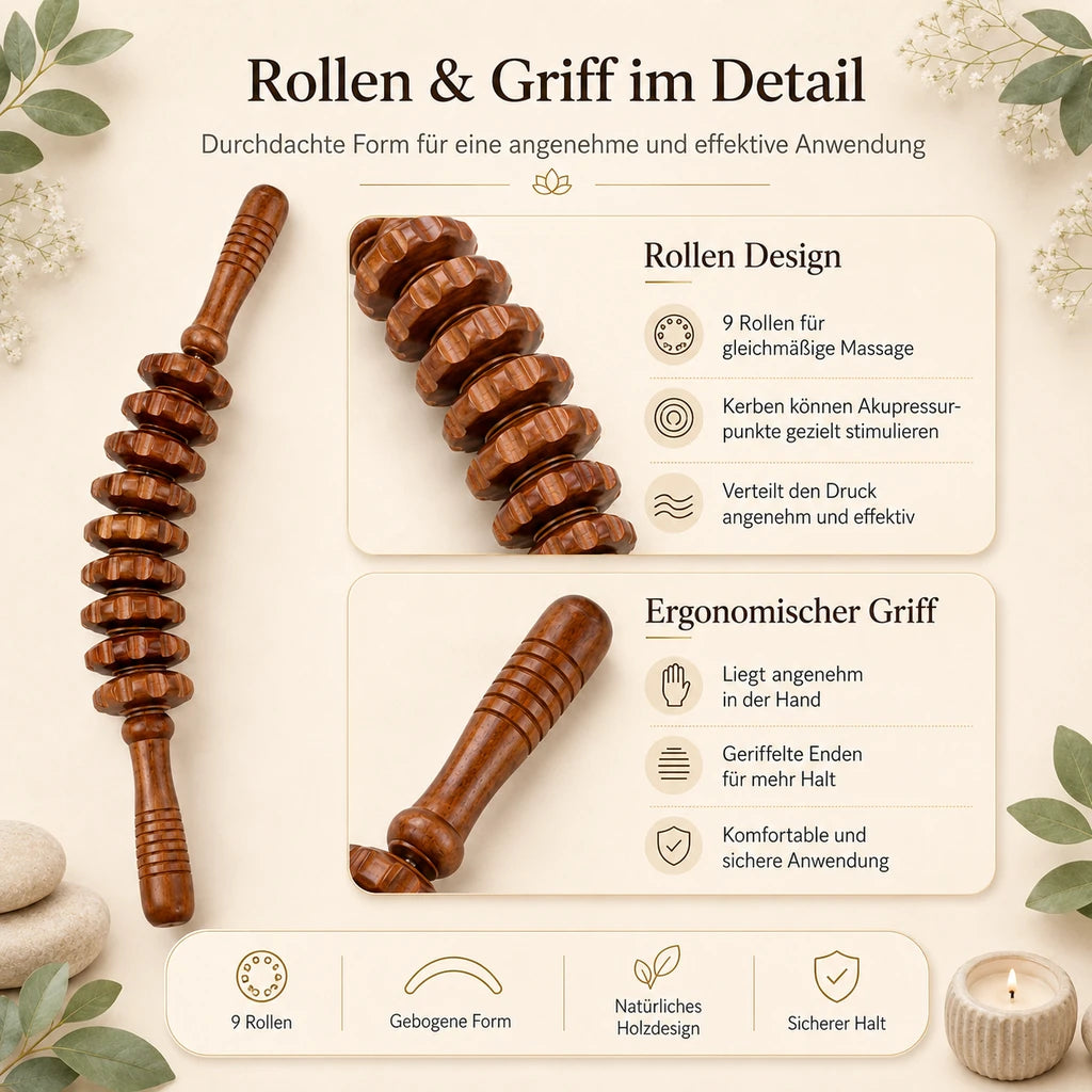 Detailansicht der Massagerolle mit Kerben Design und ergonomischem Holzgriff