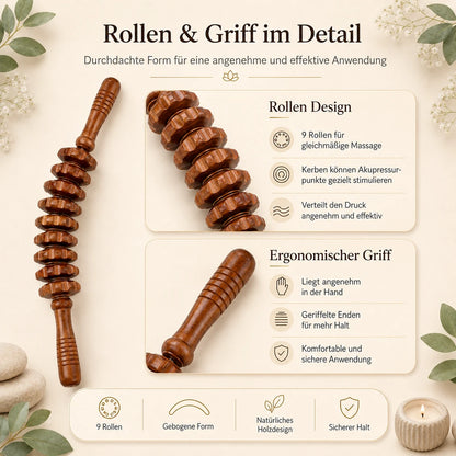 Detailansicht der Massagerolle mit Kerben Design und ergonomischem Holzgriff