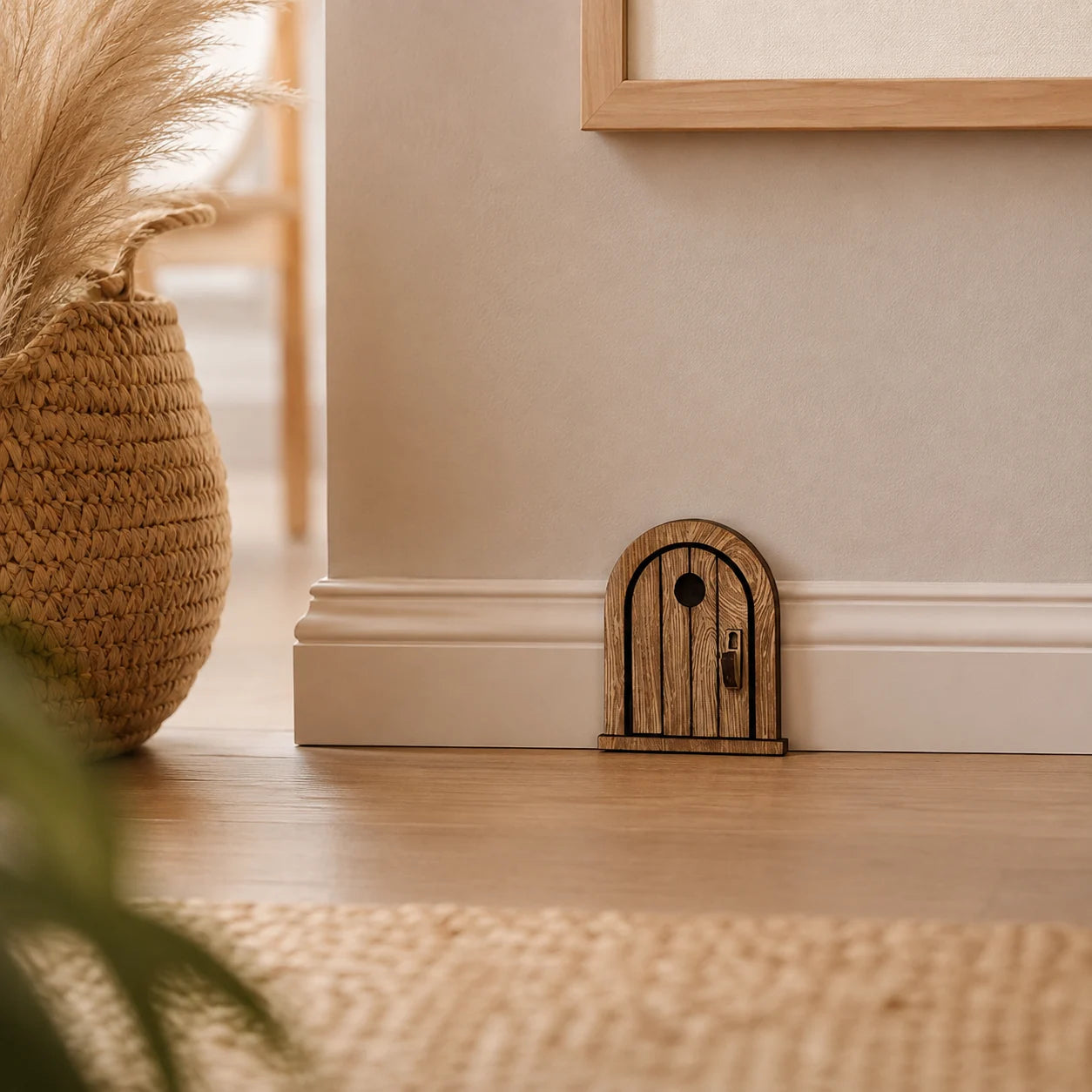 Mäusetür aus Holz an Fußleiste neben Pflanze im natürlichen Wohnstil