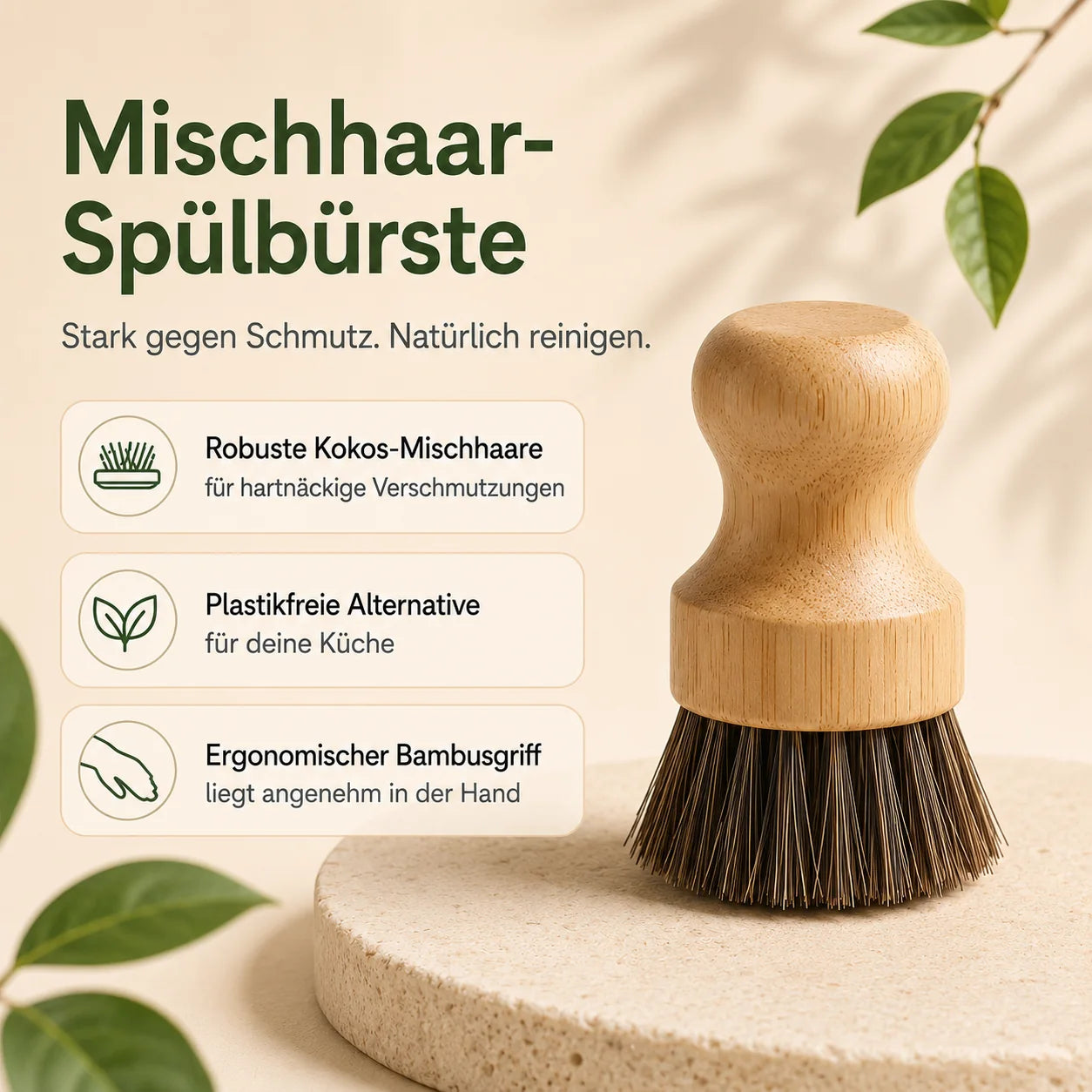 Infografik der Mischhaar-Spülbürste mit Produktvorteilen wie Kokos-Mischhaare, plastikfreie Alternative und ergonomischer Bambusgriff