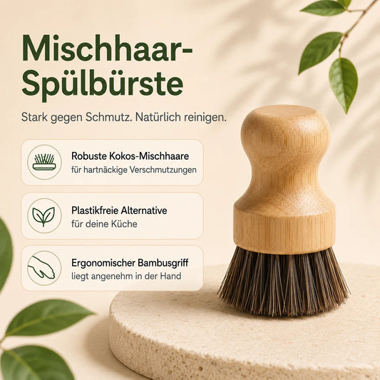 Infografik der Mischhaar-Spülbürste mit Produktvorteilen wie Kokos-Mischhaare, plastikfreie Alternative und ergonomischer Bambusgriff