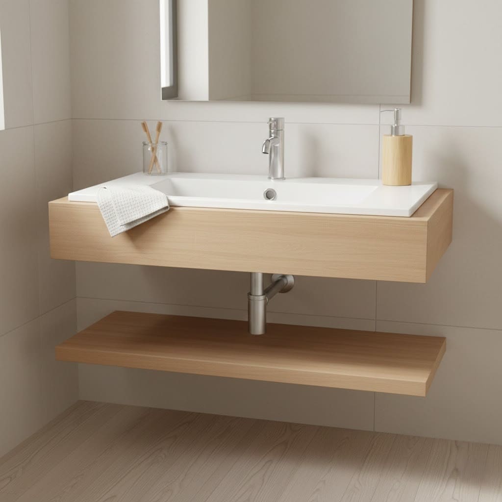 Moderner Waschtisch mit Holz-Elementen und passendem runden Bambus-Seifenspender als Bad-Accessoire